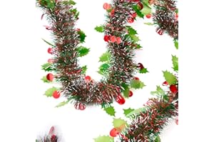 MUWOOB 33 Ft Christmas Tinsel Garland, Green Glitter Xmas Tree Decorations with Frost Tip Leafs and Red Berry Shapes, Metallic Fluffy Hanging Party Ornaments for Ceiling Stairs