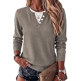 LOMON Women's Sweaters 2026 Fall Long Sleeve Lightweight Pullover Tops | 2 in 1 Faux-Layered Crew Neck Decorative Button Sweater Business Casual Work Office &amp; Daily Wear,Spring Fall Outfits