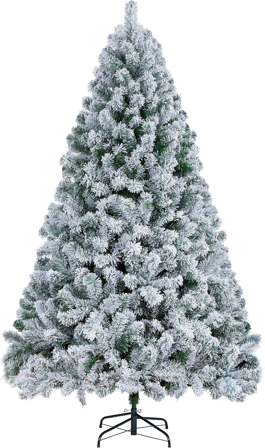 Trees - Yaheetech 6ft Premium Snow Flocked Artificial Christmas Tree Hinged Pine Full Holiday Xmas Tree for Home Office Party Decoration with 820 Branch Snow Tips and Metal Stand