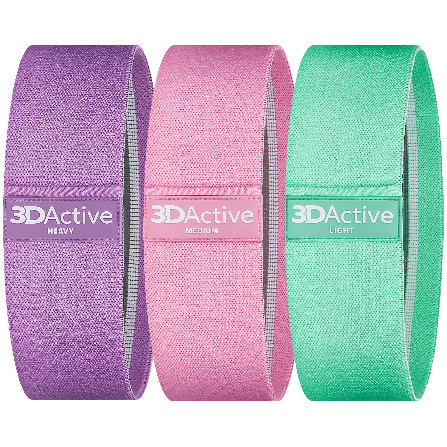 3DActive Fabric Resistance Bands for Legs. Wide Non-Slip Hip Band Set for Home and Gym Workouts. Exercise Guide and Carry Bag Included (Purple, Pink, Green).
