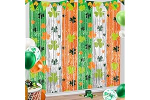 BIAWOY Saint Patrick’s Day Decorations Foil Fringe Curtains, 2 Pack 3.3x6.6 ft Green White Orange Tinsel Shamrock Backdrop Curtains Photo Booth Backdrops St. Patrick's Day Decorations for Irish Party Decor