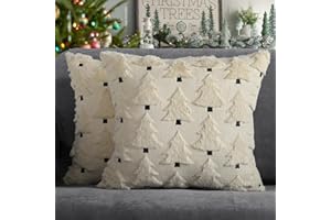 4TH Emotion Christmas Trees Decorative Pillow Covers 18x18 Set of 2, Beige Soft Plush Faux Fur Farmhouse Throw Cushion Cases for Xmas Winter Holiday Home Decor
