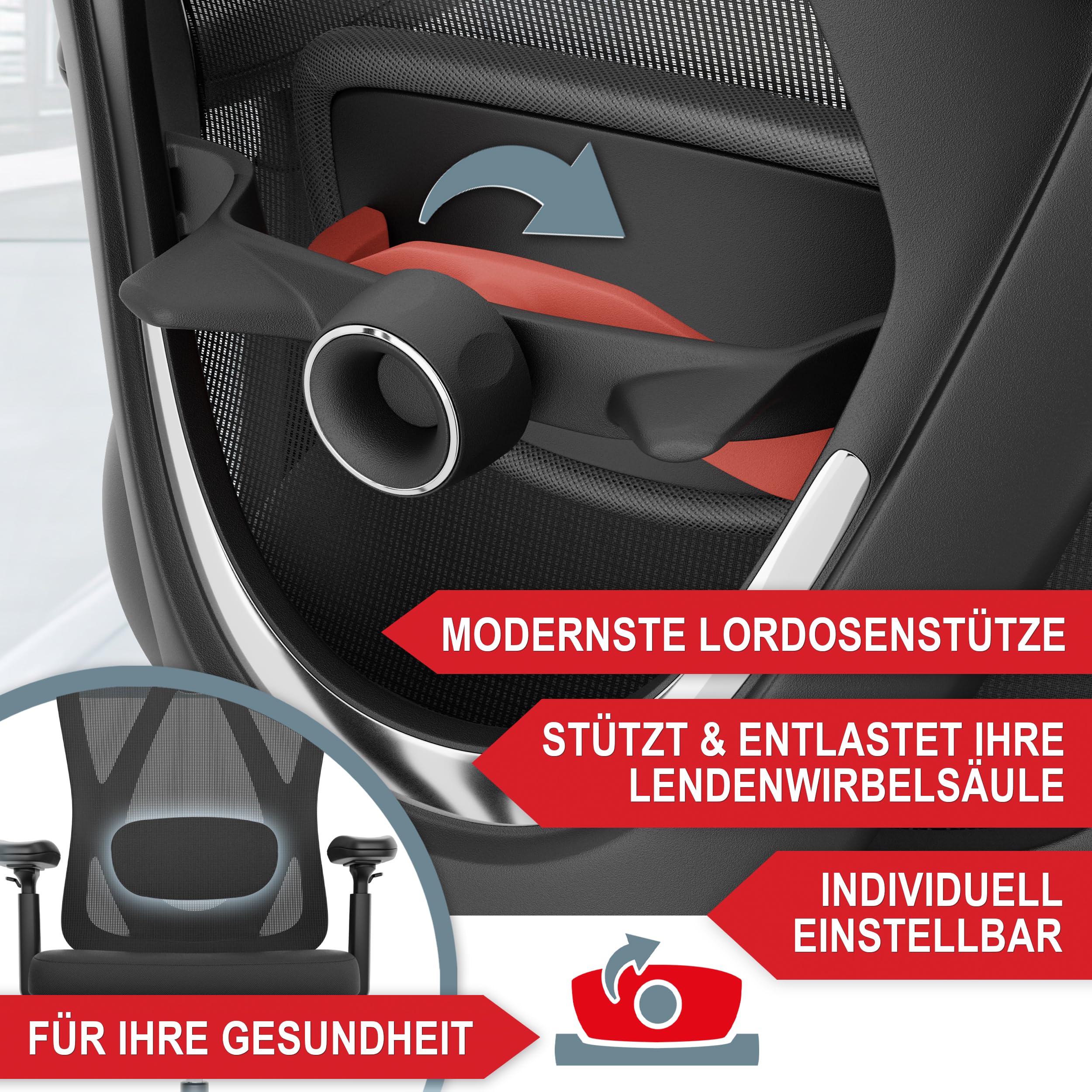 Onbest ergonomischer Bürostuhl für Homeoffice & Büro - mit Lordosenstütze, Verstellbarer Kopfstütze & Armlehnen - atmungsaktiver Mesh-Rücken, breite Sitzfläche, leise Rollen - bis 150 kg belastbar 3