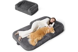 Bedsure Foldable Human Dog Bed - 2 in 1 Flexible Giant Human Dog Bed for Adult People with Supportive Bolster Egg Foam, Waterproof Liner, Calming Fluffy Faux Fur Orthopedic Big Bean Bed, Dark Grey