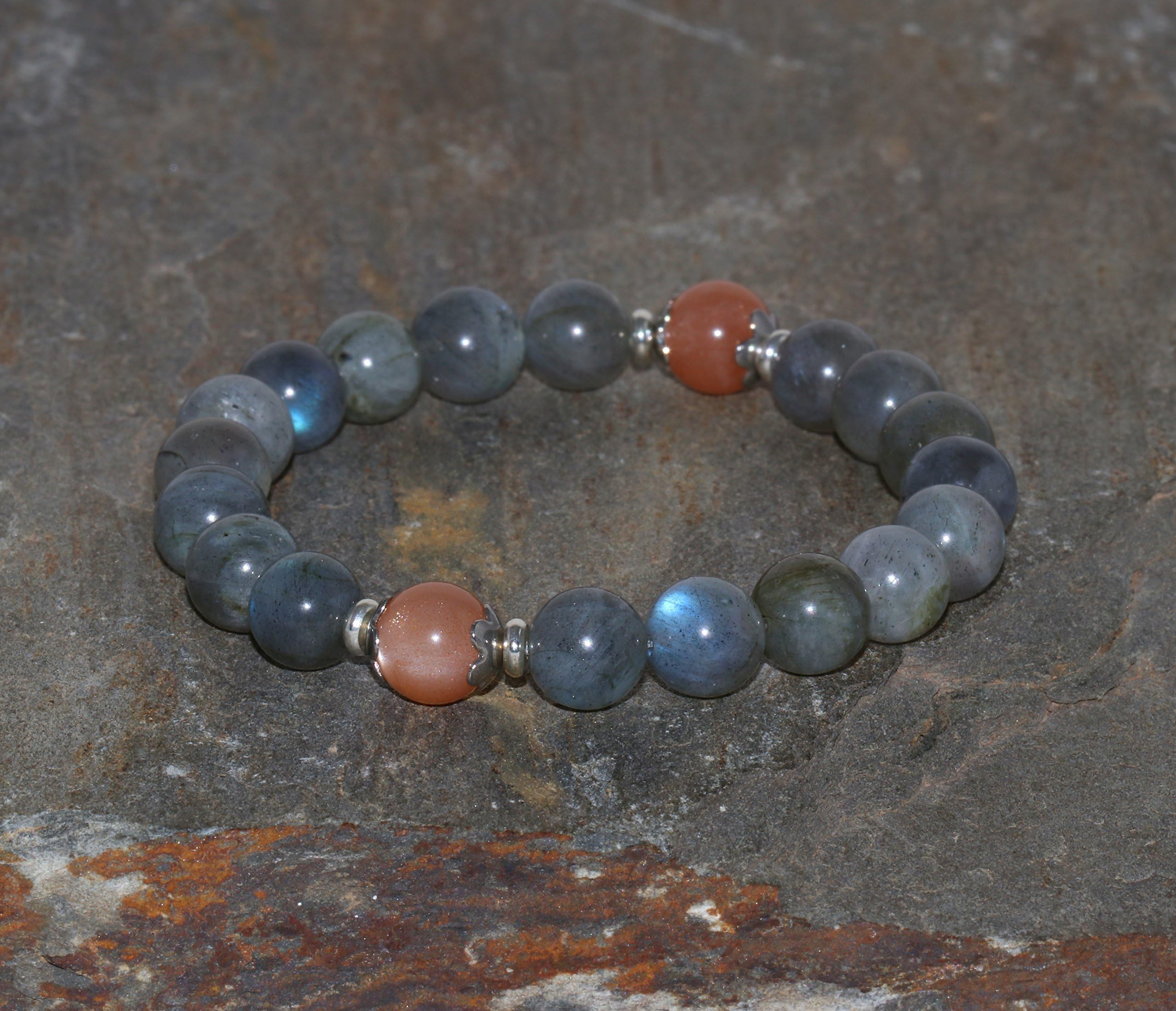 Peach Moonstone & Labradorite Bracelet, Yoga Jewelry Healing Crystals + Healing Stones, Wrist Mala Beads, Happiness - Magic - Emotional Balance