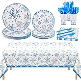 durony 169 Pieces Christmas Snowflake Tableware Set Winter Frozen Birthday Party Supplies Disposable Blue Snowflake Paper Plates Cups Napkins Spoons Forks Knives Plastic Tablecloth, Serves 24 Guests