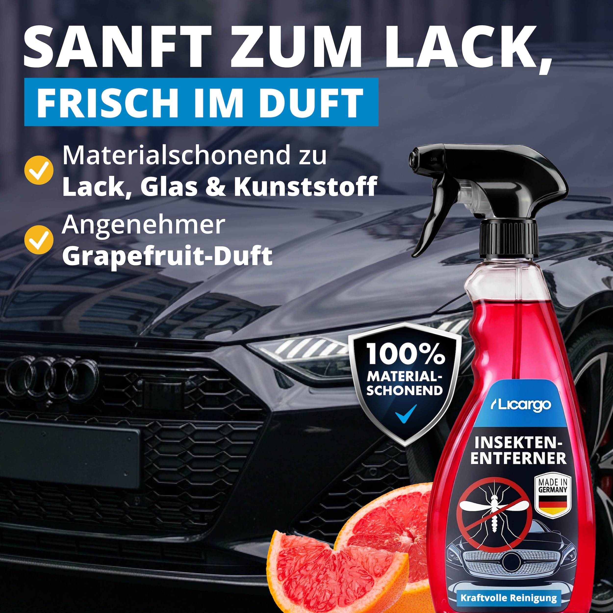 LICARGO Insektenentferner Auto 750ml – Insektenreiniger löst hartnäckige Insektenreste, Vogelkot, Baumharz – Fliegen- & Mückenentferner für Auto, Motorrad, Wohnmobil – Lack, Glas, Chrom, Kunststoff 4