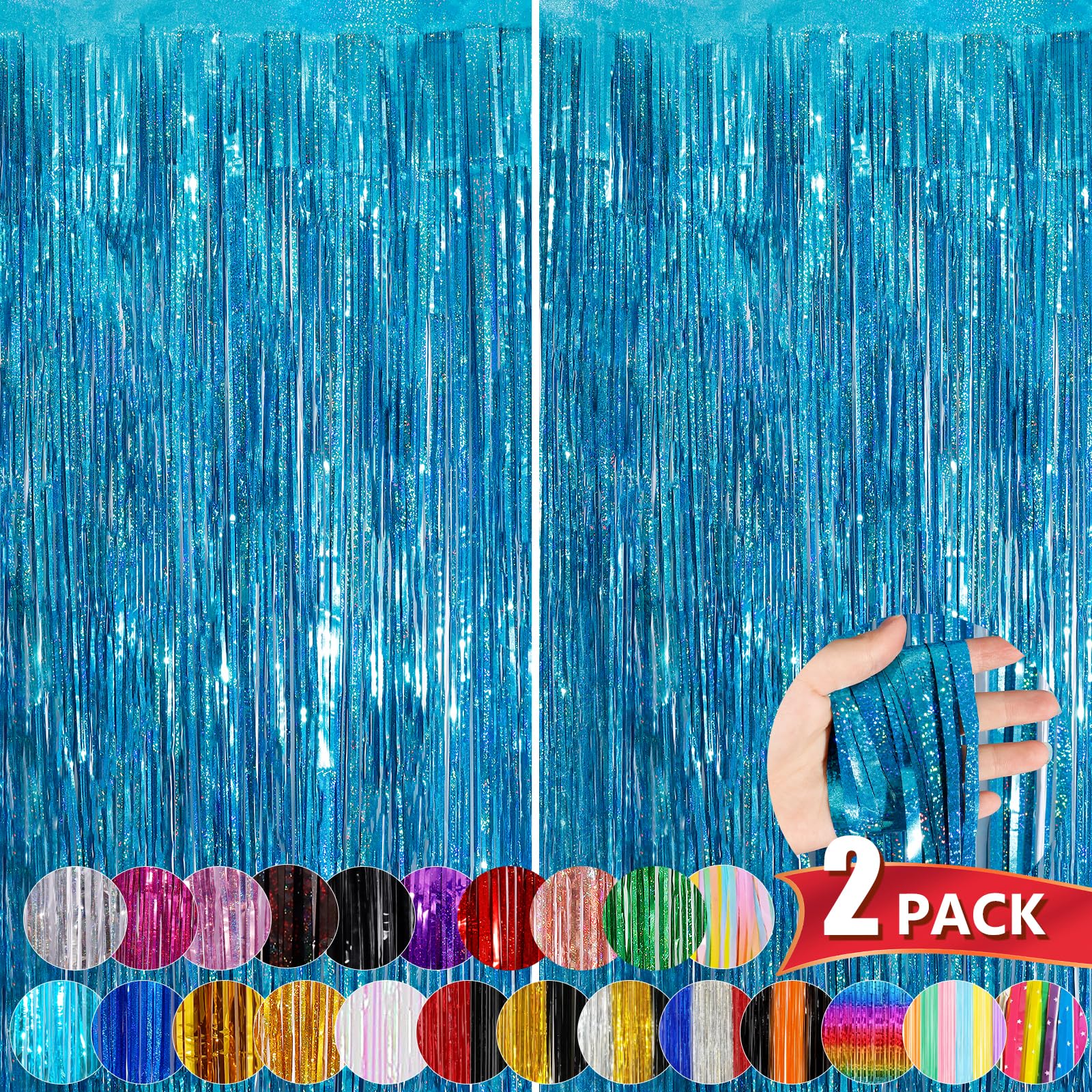 Photo 1 of Lake Blue Metallic Tinsel Foil Fringe Curtains, 2 Pack 3.3x8.3 Feet Party Streamer for Birthday Party Decorations, Halloween Decor, Foil Curtain Backdrop for Bachelorette Party