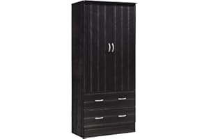 HODEDAH 2 Door Wood Wardrobe for Bedroom with Hanging Clothing Rod inside the Cabinet and 2 Drawers for Storage Organization, Multifunctional Closet, Chocolate