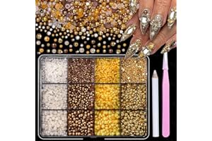 ANOLEAIR Gold White Yellow Pearls 3D Nail Charms, Small White Flat Back Pearls Nail Art Jewelry Gold Yellow Pearls Nail Beads Gems for Women Nail Manicure DIY Supplies Accessories