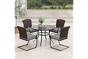 Grand patio Outdoor Dining Table Set of 5, 1 Modern Woodgrain-Look Round Table with Umbrellas Holes&4 C-Spring Rocking Motion Wicker Patio Chair Patio Furniture Sets for Backyard, Garden, Deck-Grey