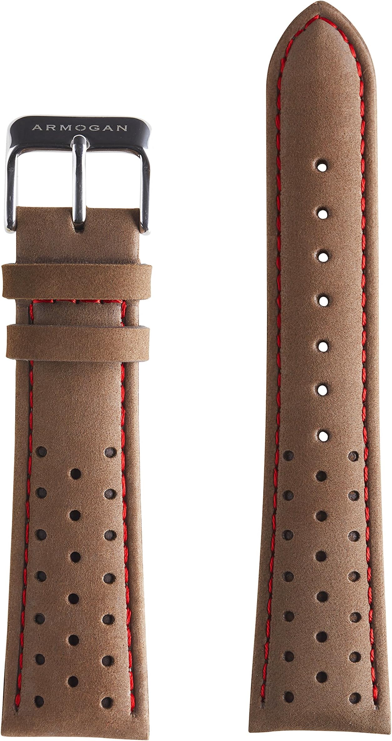 Armogan Genuine Suede Rally Perforated Leather Watch Strap - SR59S - Brown - Stainless Buckle - Men's Wristwatch Band - 22mm Width