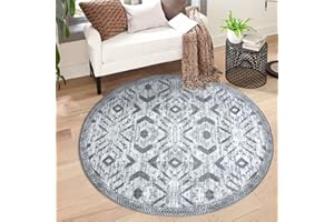 KILOCOCO Round Area Rug 3ft Throw Rug Washable Rug Bedroom Rug Non Slip Printed Boho Rug Low-Pile Soft Living Room Rug for Kitchen Laundry Room Dining Geometric Moroccan Carpet, Grey White Blue