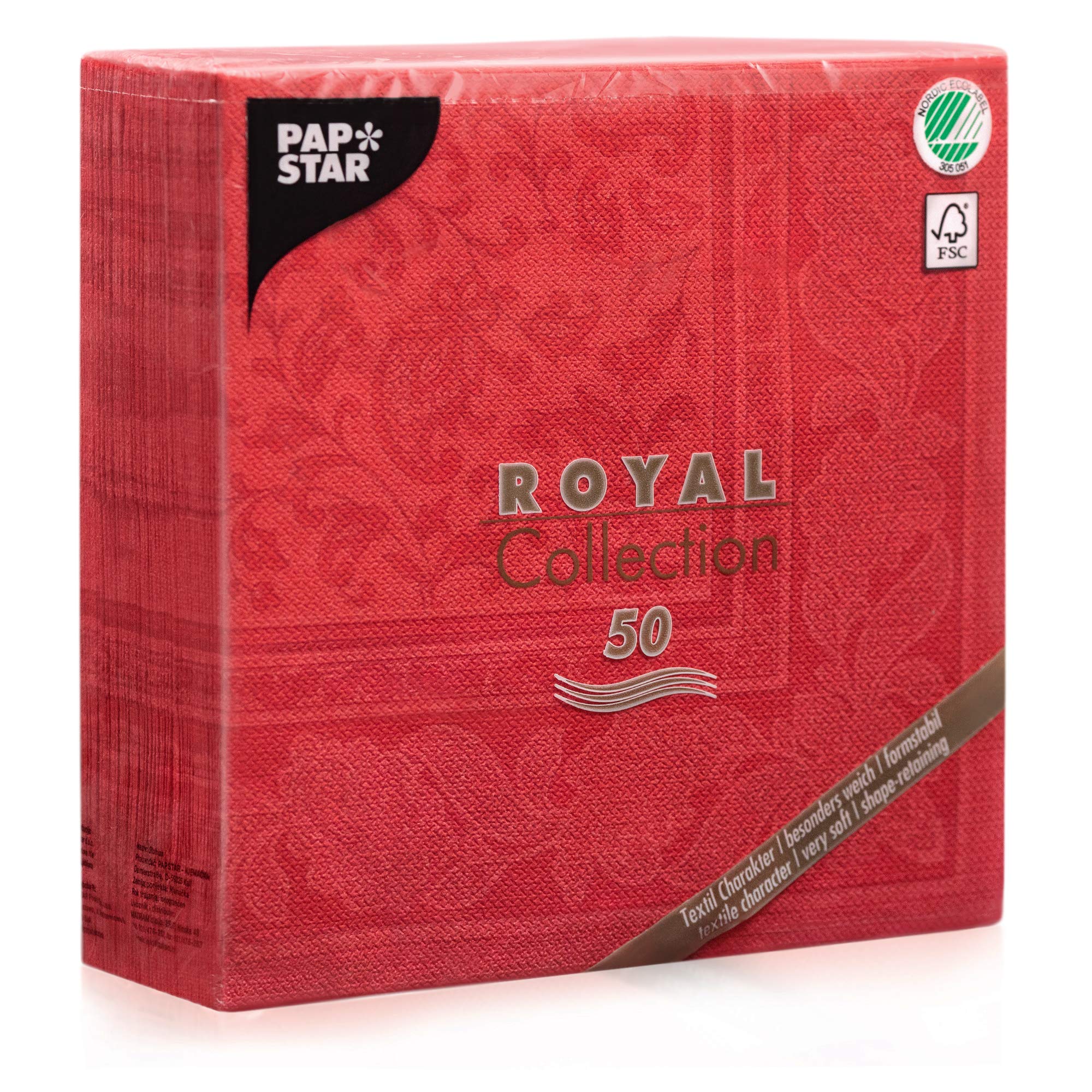 PAPSTAR Royal Collection Ornaments Napkins/Tissue Napkins Red 40 x 40 cm 1/4 Fold for Catering, Household or Celebrations, FSC Certified, Fabric Look, #11667
