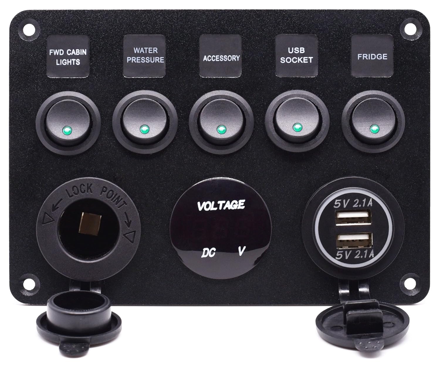 Cllena Dual USB Socket Charger 2.1A&2.1A + LED Voltmeter + 12V Power Outlet + 5 Gang ON-Off Toggle Switch Multi-Functions Panel for Car Marine Boat RV Truck Camper Vehicles (Green): Industrial & Scientific