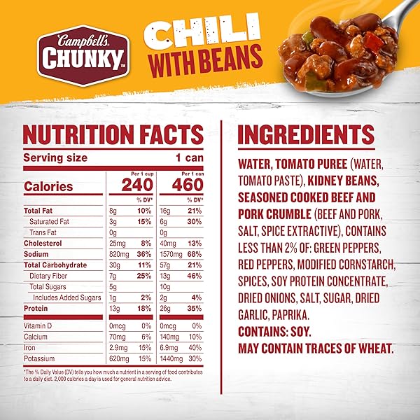 CAMPBELL’S CHUNKY CHILI WITH BEANS, 16.5 OZ. CAN