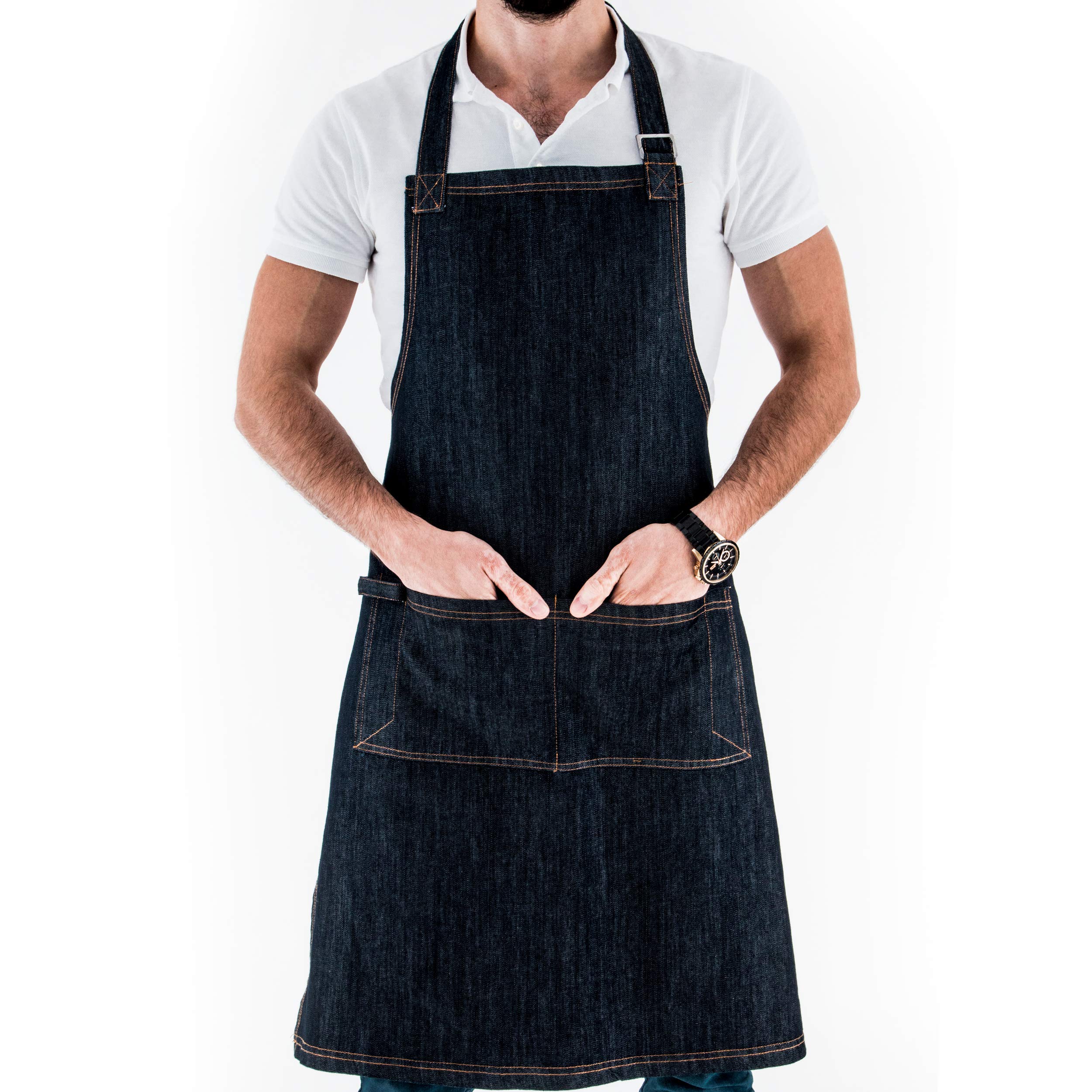 DS Gifts Hediye Sepeti Denim Bib Apron, Adjustable Neck Strap, Unisex Black Denim Kitchen Apron Workwear & Multifunctional BBQ Apron, 4 Handy Tool Pockets for Men and Women (Black, 31.5" x 27.5")