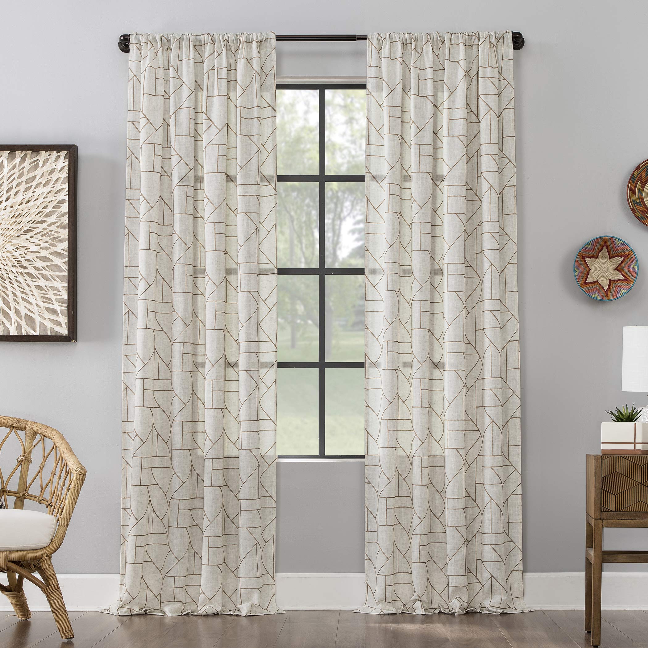 Archaeo Fragmented Geometric Embroidery Mid-Century Modern Natural Linen Blend Curtain, 50" x 108", Mocha/Linen