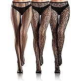 Fourluoo 3 Pairs Valentine's Day Women Fishnet Tights Stockings Patterned Small Hole High Waist Lace Fishnets Sheer Pantyhose