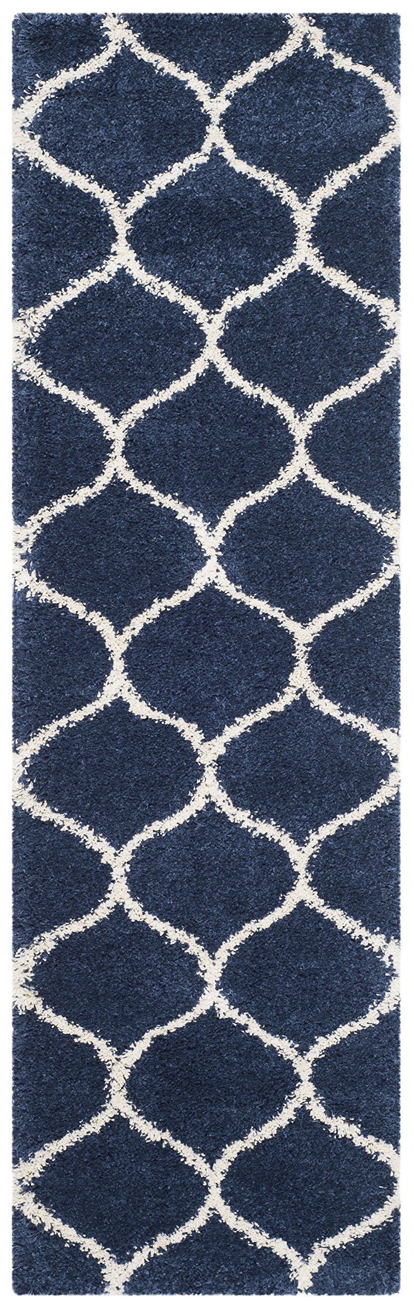 SAFAVIEH Hudson Shag Collection Runner Rug - 2'3" x 22', Navy & Ivory, Moroccan Trellis Design, Non-Shedding & Easy Care, 2-inch Thick Ideal for High Traffic Areas in Living Room, Bedroom (SGH280C) Image