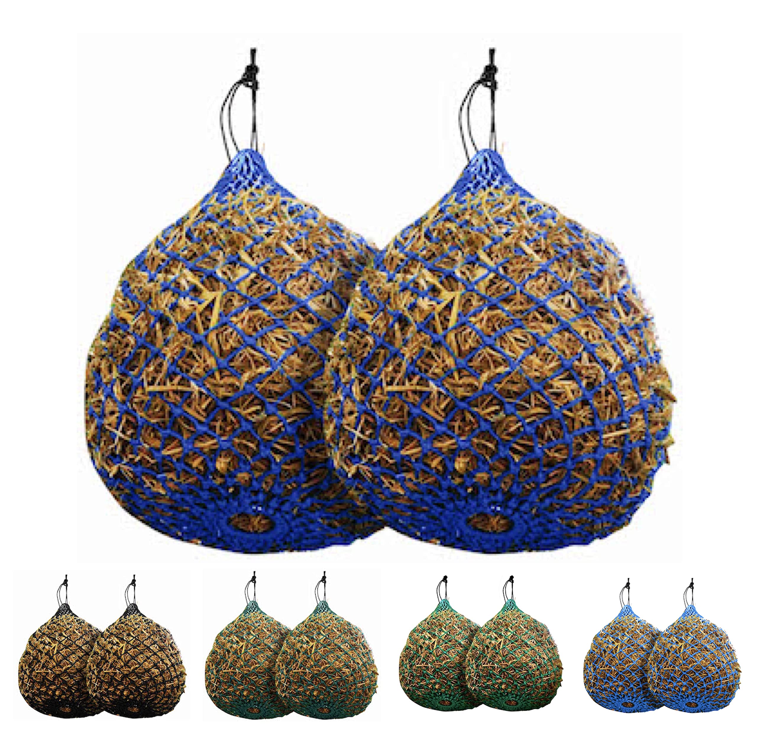 Majestic Ally 2 Pcs 1.25”x1.25” Holes Ultra Slow Feed 40” Very Sturdy Hay Net with Bottom Ring for Goat, Sheep and Livestock Simulatr grazing, Reduces Waste (Royal Blue)