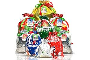 Diamerd 38PC Christmas Drawstring Gift Bags with Tags, Assorted Sizes for Xmas Party Favors & Holiday Present Wrapping, Small/Medium/Large