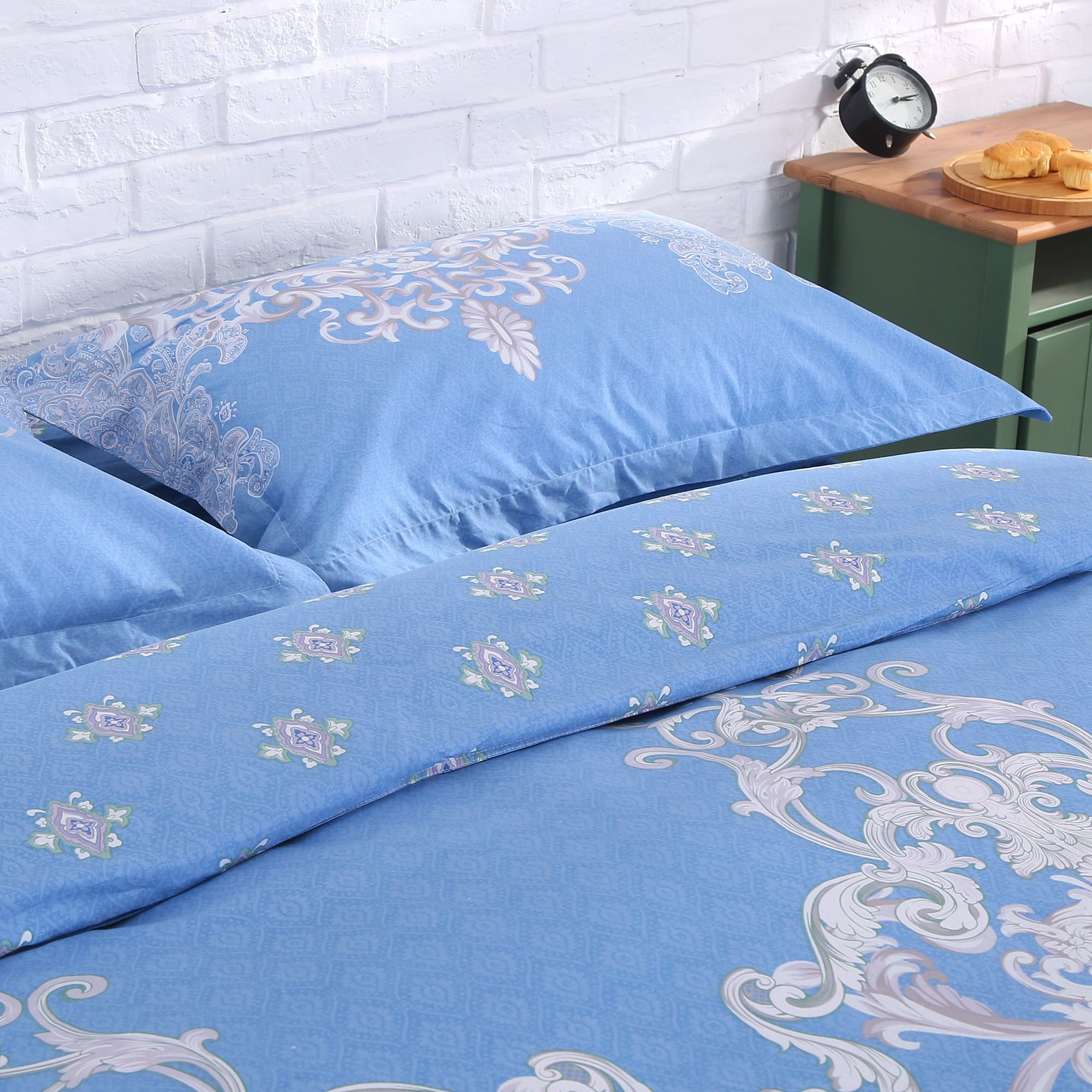 3-Piece Duvet Cover Set, Bohemian Style 100% Cotton Blue Floral Pattern Bedding Quilt Set(68\