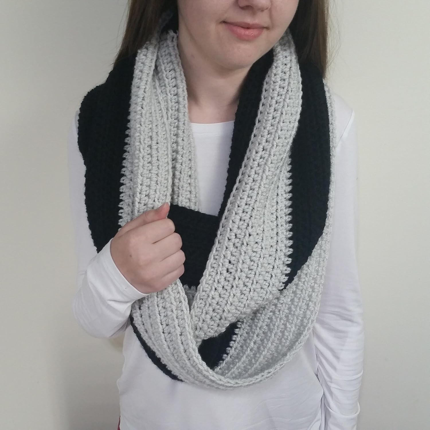 Black/Gray Crochet Infinity Scarf Handmade