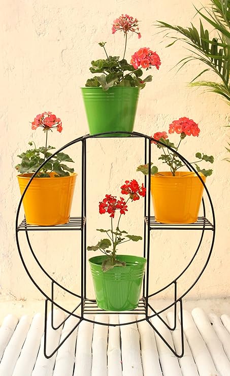 Green Gardenia Iron Hoop Round Pot Stand with 4 Metal Planters (Yellow and Green)