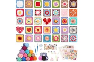 Katech Crochet Kit for Beginners, 50 Granny Squares Crochet Kits for Adults Beginner Learn to Crochets w/Step-by-Step Video Tuturials, Knitting Kit w/1378yds Yarn Granny Square Card Deck- 80% Cotton