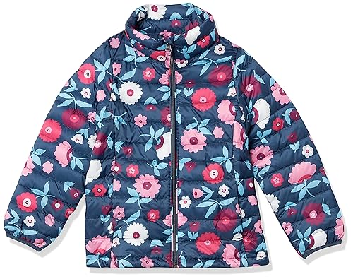 Amazon Essentials Girls' Lightweight Water-Resistant Hooded Packable Mock Puffer Jacket, Navy Floral, Medium