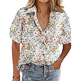 HOTOUCH Cotton Linen Button Down Shirt for Women V Neck Collared Blouse Casual Short Sleeve Tops with Pocket