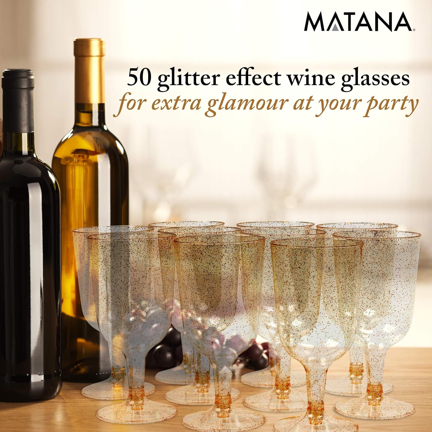 MATANA 50 Premium Plastic Wine Glasses with Gold Glitter (180ml), Reusable Hard Plastic Wine Cups for Cocktails Dessert - Image 4