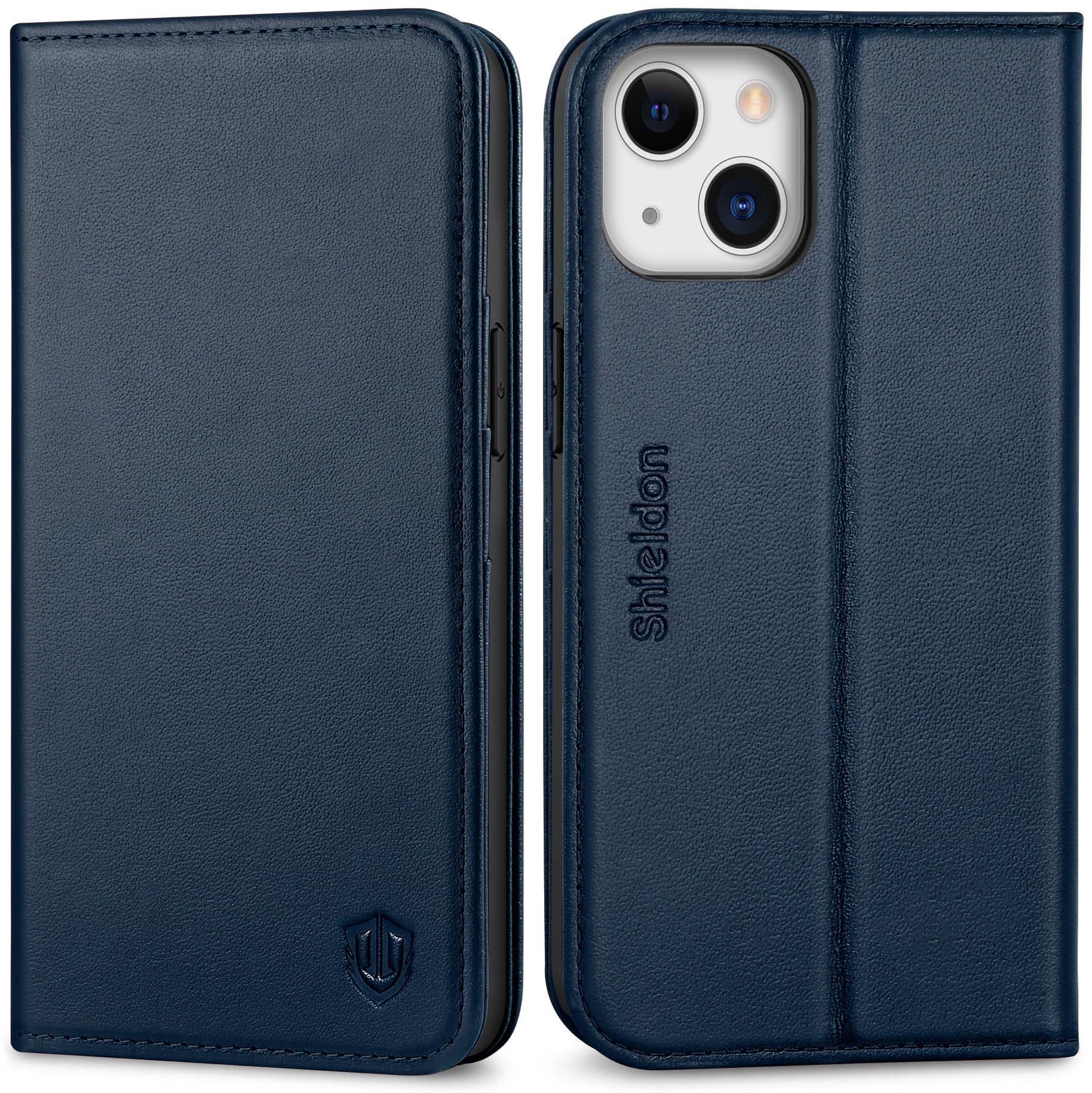 SHIELDON Case for iPhone 13 5G, Genuine Leather Wallet Case + TPU Shell, Credit Card Holder RFID Blocking Kickstand Book Design Shockproof Flip Cover Compatible with iPhone 13 6.1" 2021, Navy Blue — image 1