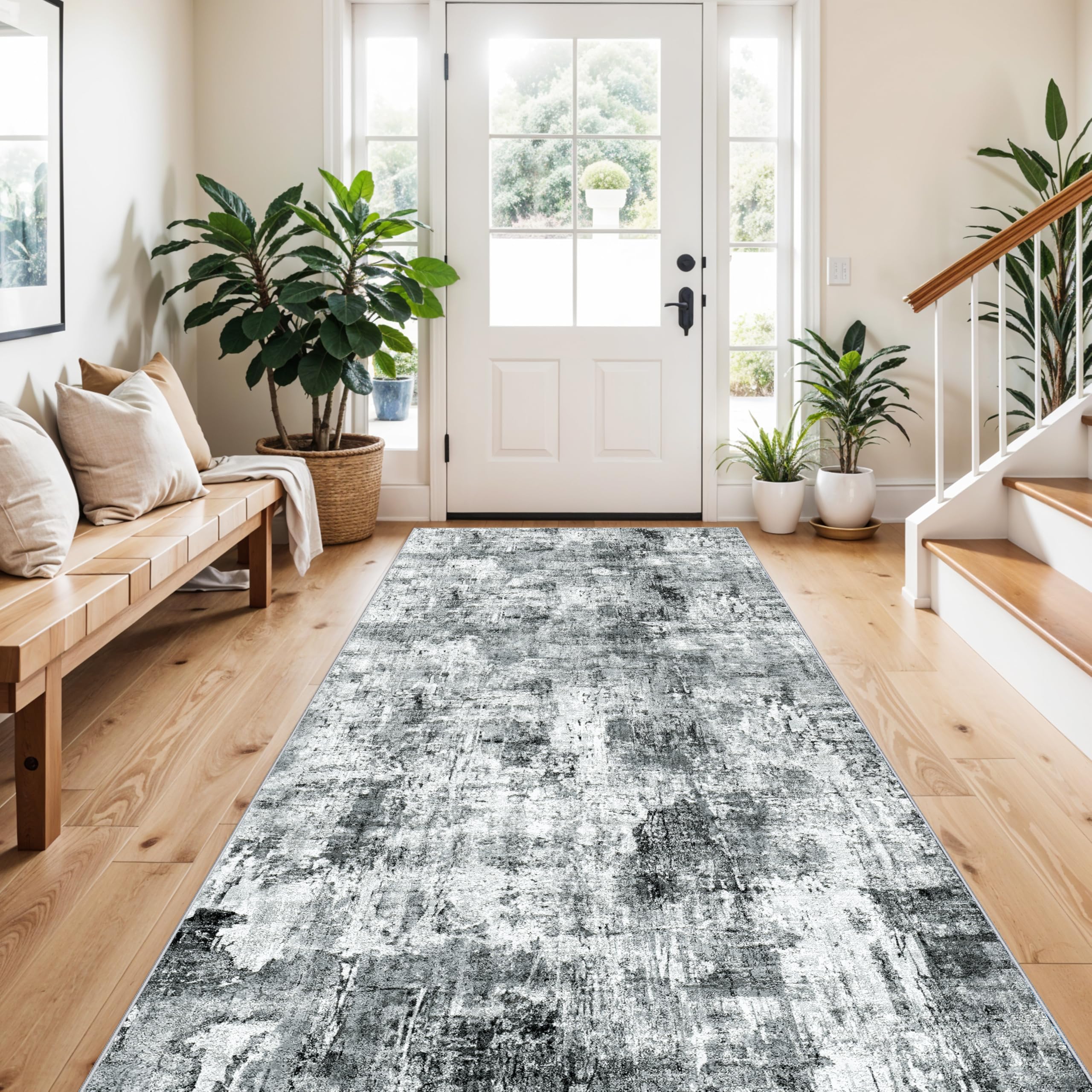 4x8 Washable Area Rug – Non-Slip Rubber Backed Indoor Rug for Entryway, Kitchen, Hallway | Modern Abstract Neutral Low Pile Thin Floor Mat for Bedroom, Living Room, Office（Grey） Image