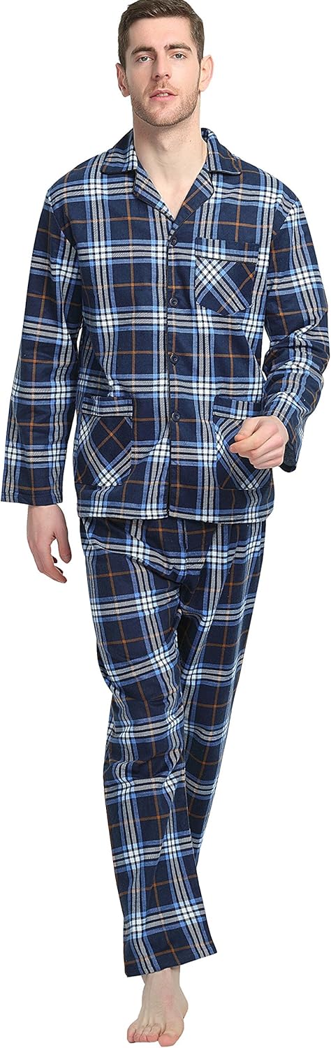 GLOBAL Mens Flannel Pajamas, 2-Piece Warm Pj Set at  Men’s Clothing store