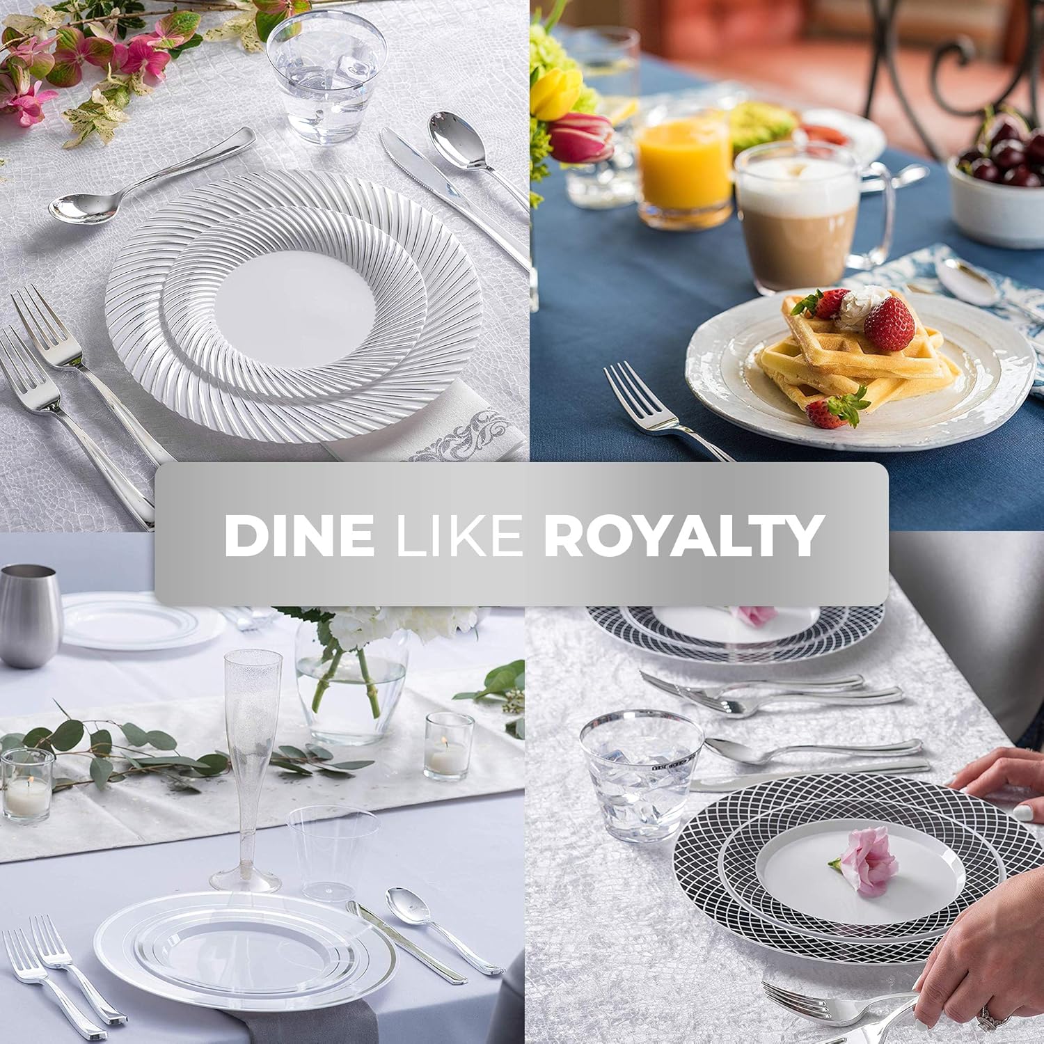  | Fancy Disposable Plates with Cutlery - 125 Piece Silver Plastic Party Plates and Silverware for Weddings, Party, Baby Shower, Birthday, Holiday - Service for 25 Guests (Silver Rim): Dinnerware Sets