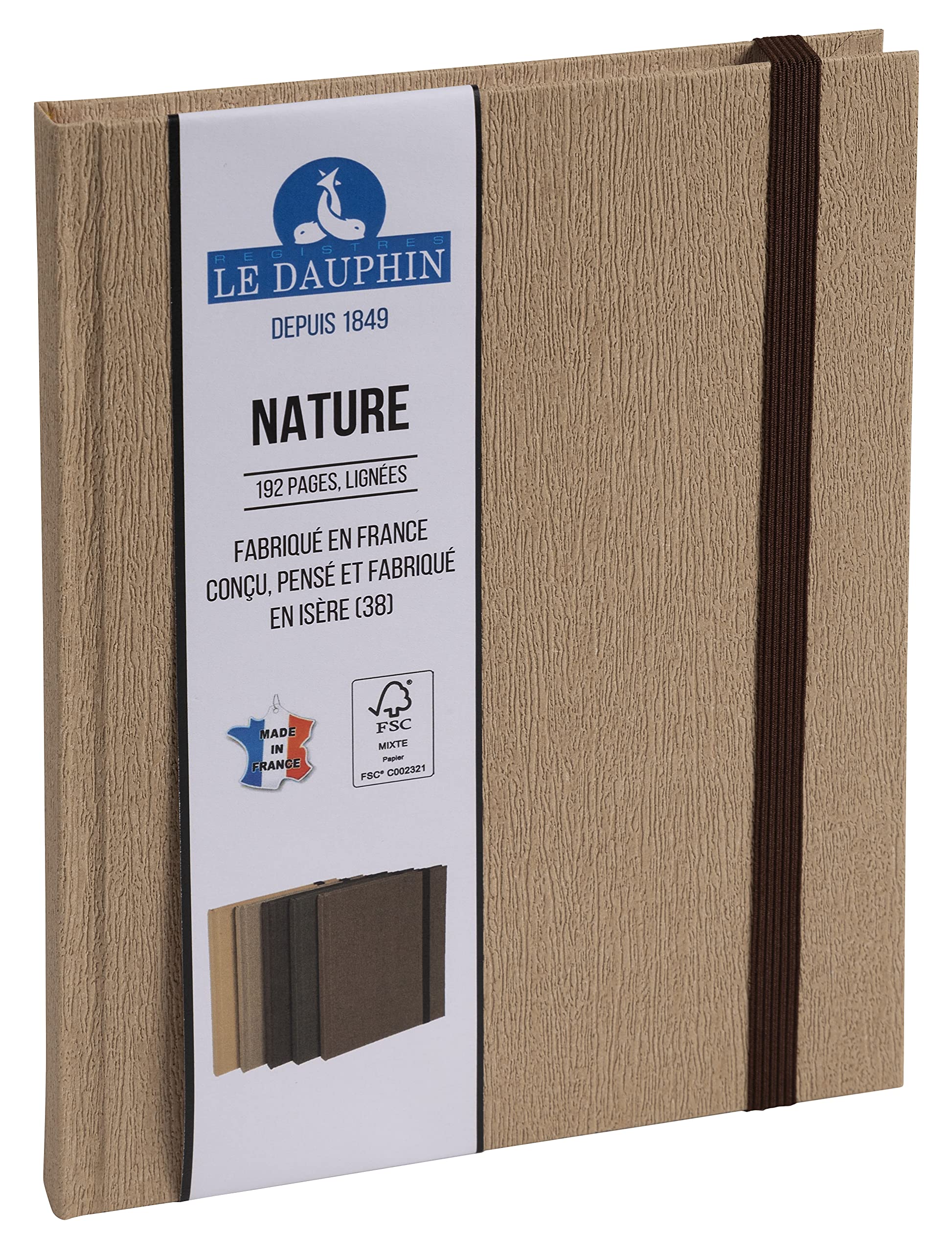 Le Dauphin - Ref. 267222D - 1 Nature notebook - lined interior print - brown elastic closure - dimensions 22 x 17 cm - vertical format - 192 pages - brown cover - FSC® certified