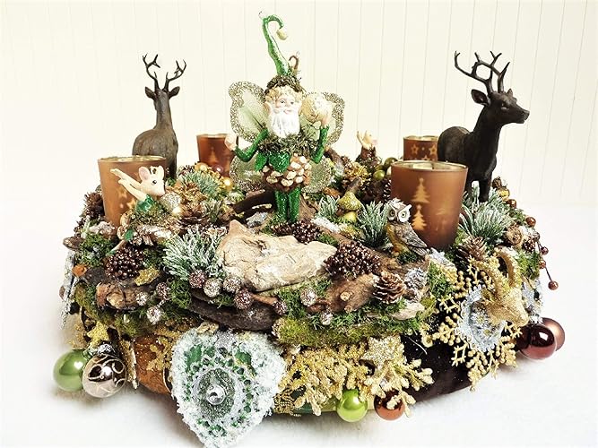 Adventskranz WALDMELODIE Gross Hirsch Wald Braun Grün Goldfarben Natur Prunk Vintage Eule