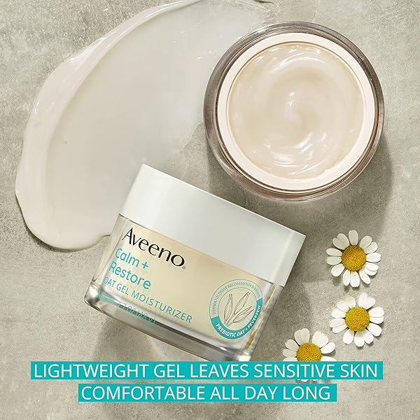 AVEENO CALM + RESTORE OAT GEL FACIAL MOISTURIZER FOR SENSITIVE SKIN, FAST-ABSORBING, SOOTHING LIGHTWEIGHT GEL CREAM WITH PREBIOTIC OAT & FEVERFEW, FRAGRANCE-FREE & HYPOALLERGENIC, 1.7 OZ