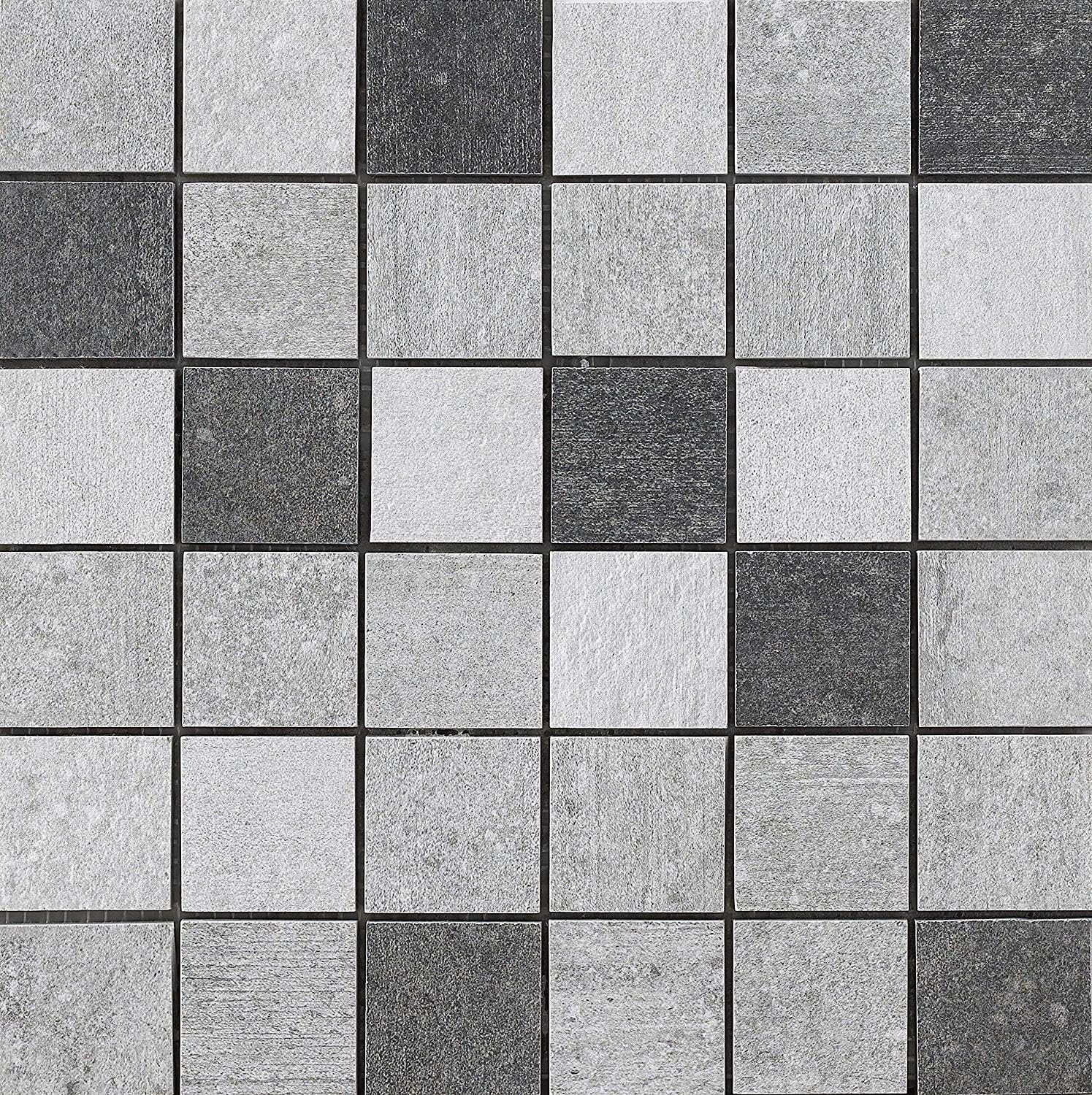 Muzzi 3D Art Mosaic Porcelain Rectified Tile Mixed Gray Squares Matte Finish for Bathroom Floors, Walls, Kitchen Backsplash and Pool, 12'' x 12'',(8pcs,Box of 8Sq.ft),MZ1220-S1