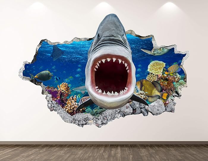 West Mountain Wild Shark Wall Decal Art Decor 3D Smashed Animal Sticker Poster Kids Room Mural Custom Gift BL218 (22" W x 14" H)