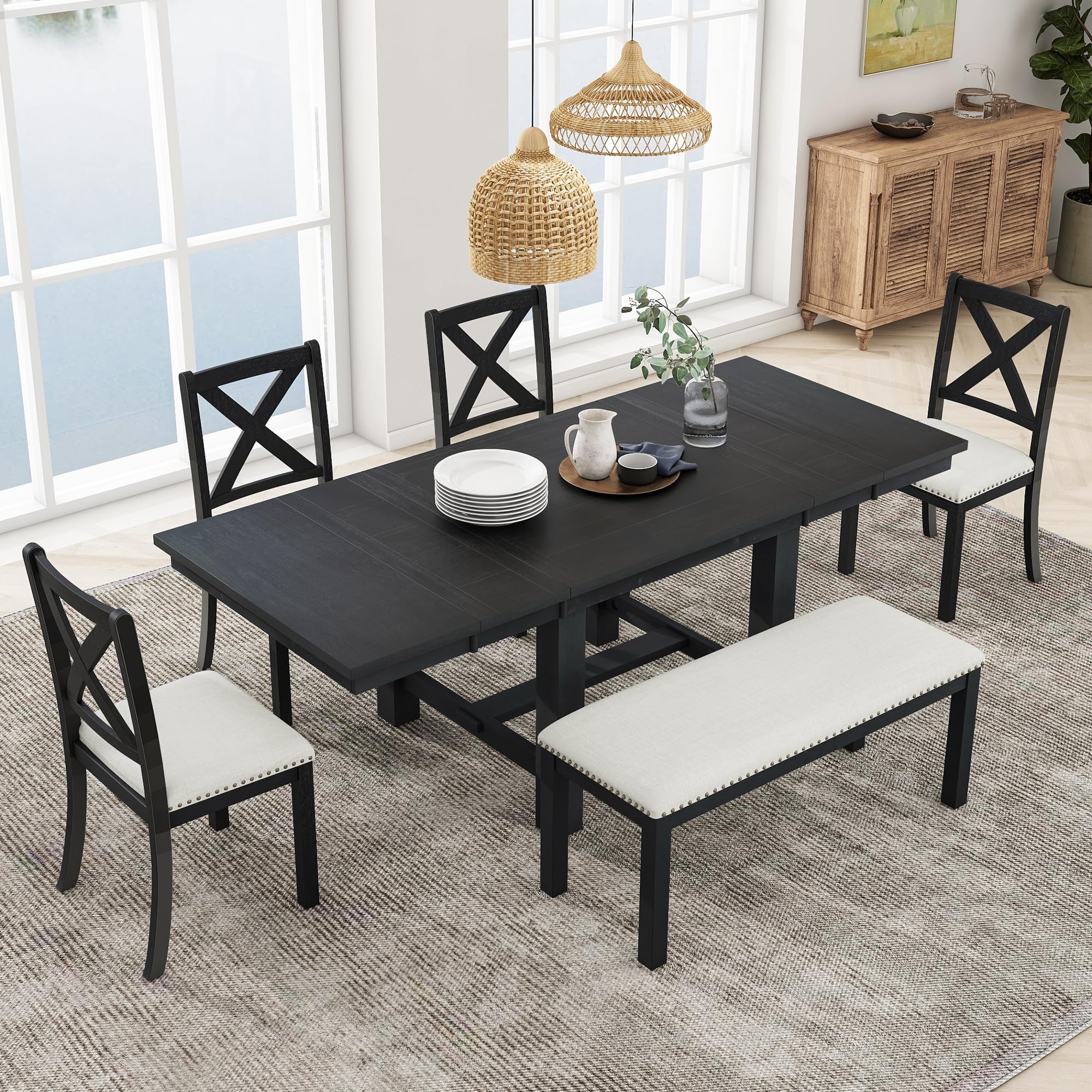 Photo 1 of ***MISSING TABLE**TRUCK OR TRAILER PICK UP***
Merax Farmhouse Wooden Dining Set of 6, 82 inch Extendable Kitchen Table, 4 Chairs with Backrest, 2-Person Bench with Cushion, Black