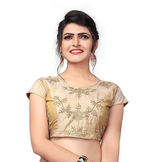 Women's Embroidered Malbari Silk Blouse With Round Neck