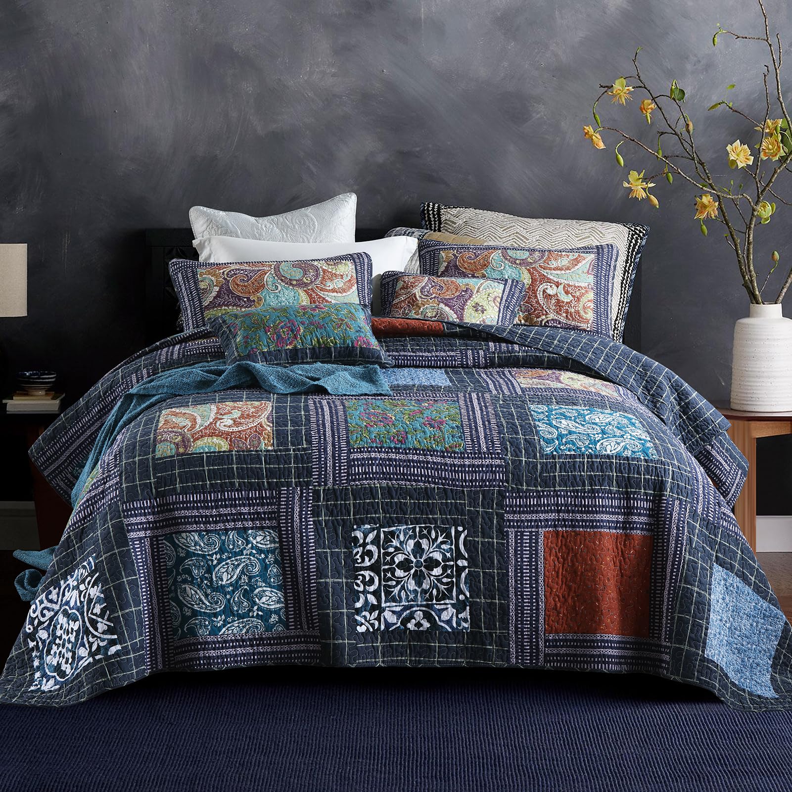 Photo 1 of MaiuFun King Quilt Sets, 100% Cotton Quilts King Size, Navy Bedspreads, Patchwork with Retro Paisley Patterns, 3-Piece Lightweight Bedding Coverlet for All Season (1 Quilt + 2 Pillow Shams)
