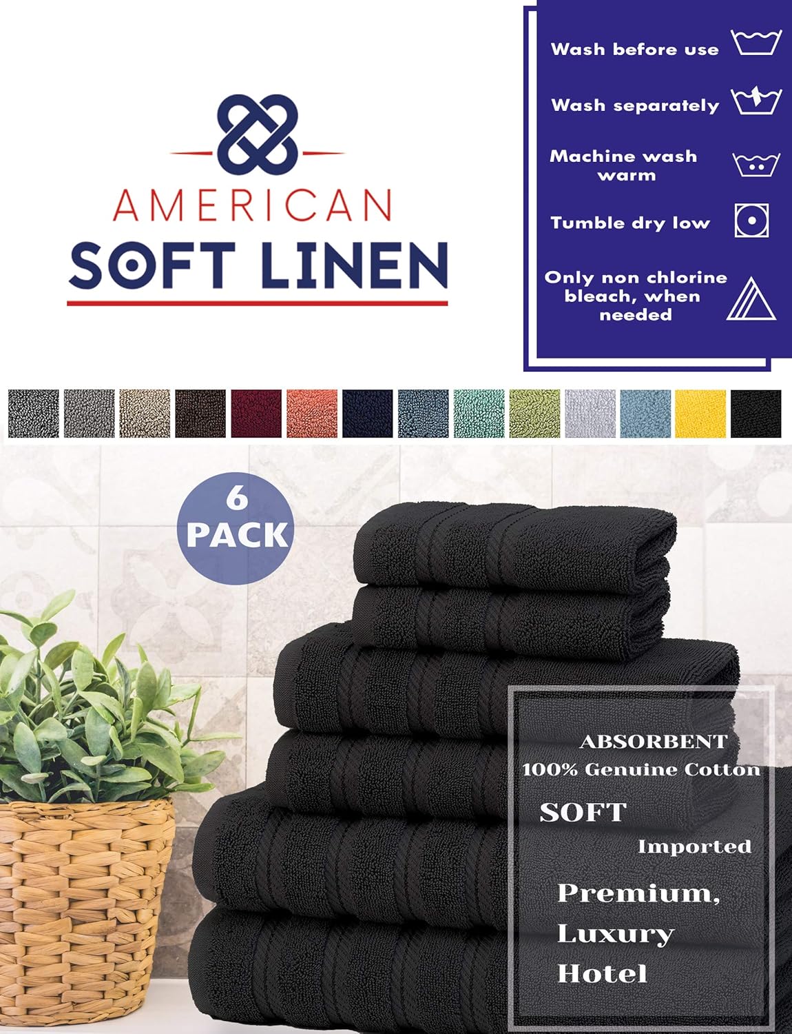 American Soft Linen 6-Piece 100% Turkish Genuine Cotton Premium & Luxury Towel Set for Bathroom & Kitchen, 2 Bath Towels, 2 Hand Towels & 2 Washcloths [Worth $72.95] - Black: Kitchen & Dining