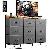 WLIVE Grey Dresser TV Stand for 45, 50, 55 inch TV, Entertainment Center with LED Lights & Charging Station, Chest of drawers with 9 Fabric Drawers and Open Shelves for Living Room, Hallway, Dark Grey