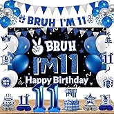 DARUNAXY 11th Birthday Party Decorations for Boys Girls, Blue Bruh I’m 11 Banner, 11 Number Balloons & Cake Topper, Happy 11th BDAY 11 Years Old Birthday Honeycomb Hanging Swirls Party Supplies