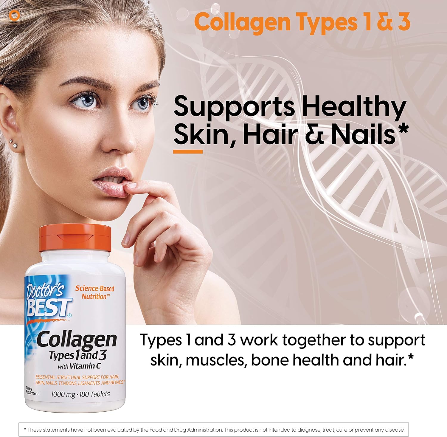 Doctor's Best Collagen Types 1 and 3 with Peptan, Non-GMO, Gluten Free, Soy Free, Supports Hair, Skin, Nails, Tendons and Bones, 1000 mg, 180 Tablets: Health & Personal Care