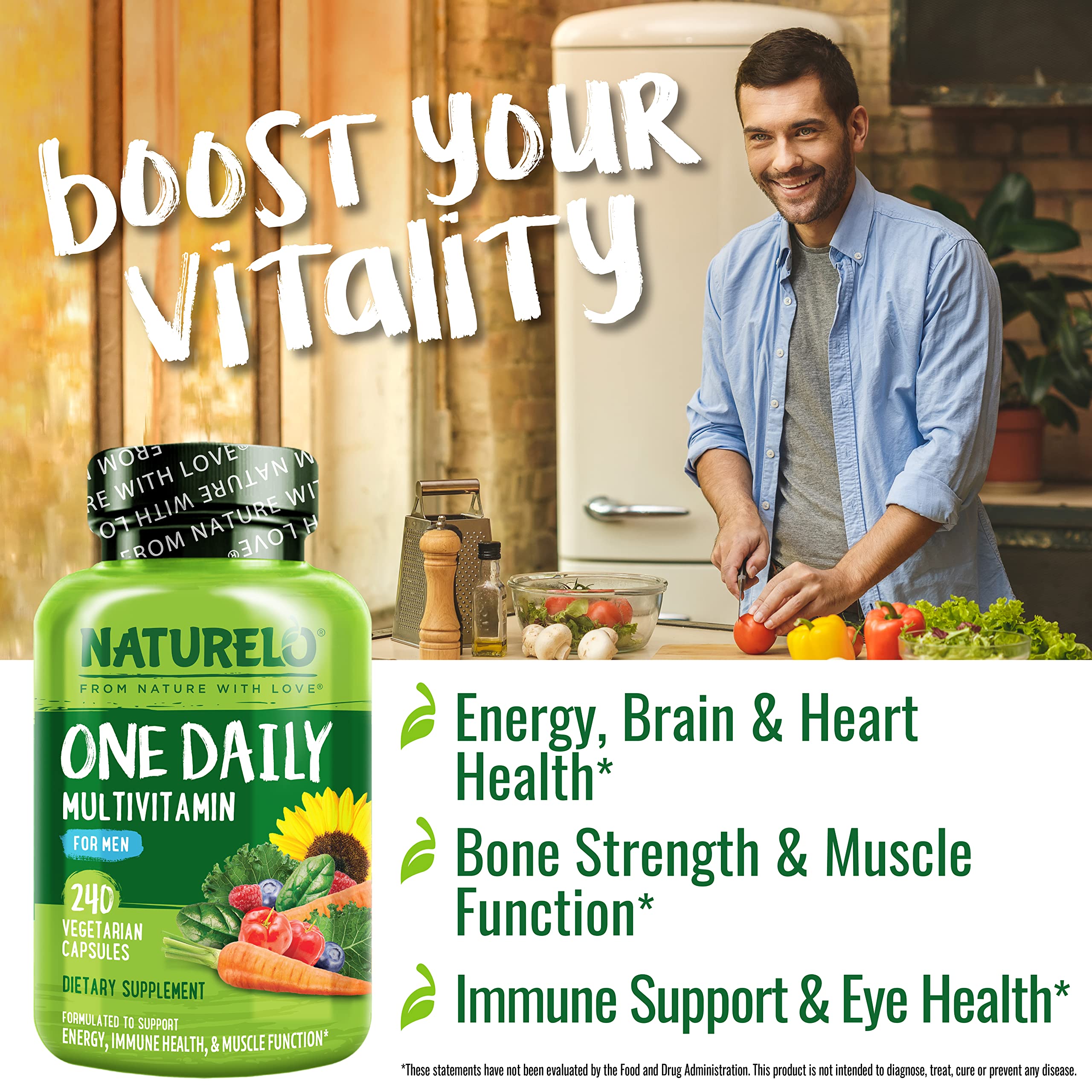 NATURELO Mens Multivitamins - One Daily Multivitamin for Men with Vitamins, Minerals & Organic Whole Foods, Boost Energy & Health, Non-GMO, 240 Vegetarian Capsules